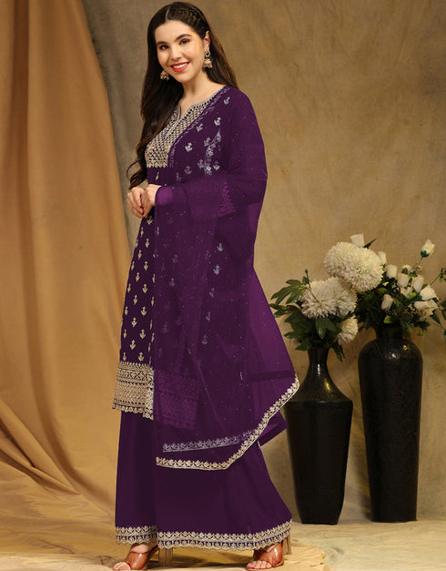 Traditional Party Wear Faux Georgette Salwar Suit Purple Faux Georgette Palazzo Suit Close-up View